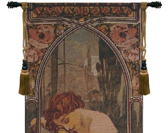 Mucha Nuit Bright European Wall Tapestry - Young Lady Woven Jacquard Wall Décor Art - Floral Dreamlike Background Decorative Wall Hanging