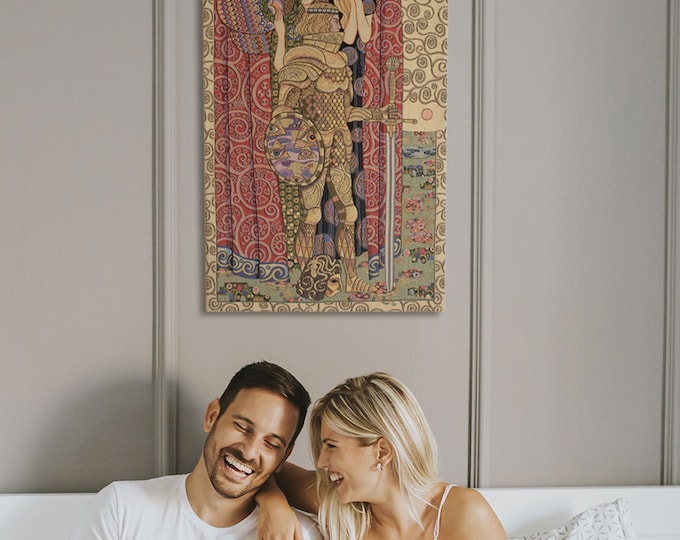 Armored Knight European Tapestry - Gustav Klimt Inspired Medieval Wall Art - Woven Italian Decor