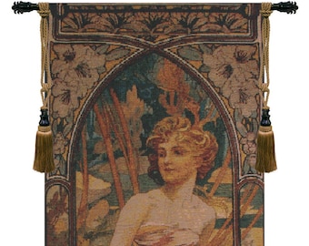 Mucha Matin Bright European Wall Tapestry - Young Women Jacquard Wall Décor Art - Decorative Woven Wall Tapestry Hanging