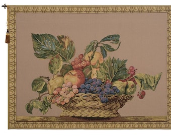 Fruit Basket Beige European Wall Tapestry - Flowers and Fruits Wall Décor Art - Floral Decorative Wall Hanging - Modern Woven Wall Art