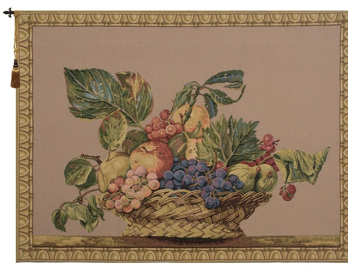 Fruit Basket Tapestry: Beige European Floral Wall Art (38x51 inch)