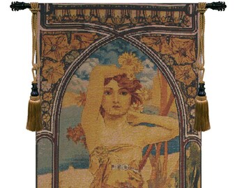 Mucha Jour Bright European Wall Tapestry - Young Women Jacquard Wall Décor Art - Woven Decorative Unique Wall Hanging