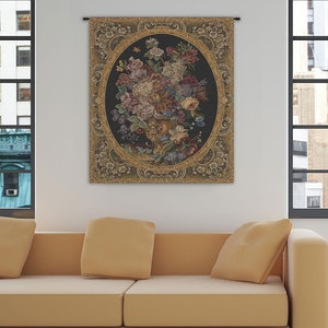 Elegant Floral Bouquet European Tapestry - Dark Green &amp; Black Wall Art Decor Hanging