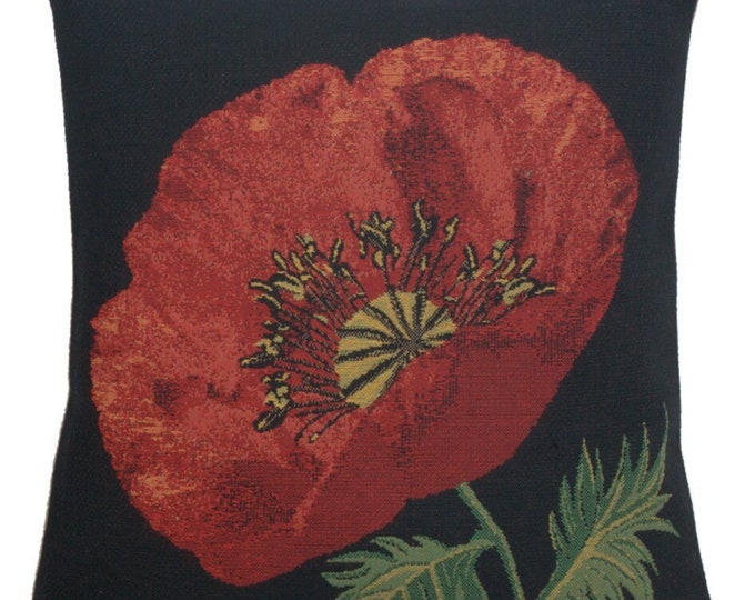 Poppy Red Tapestry Cushion Cover: Black Floral Pillow (16x16 Inch)