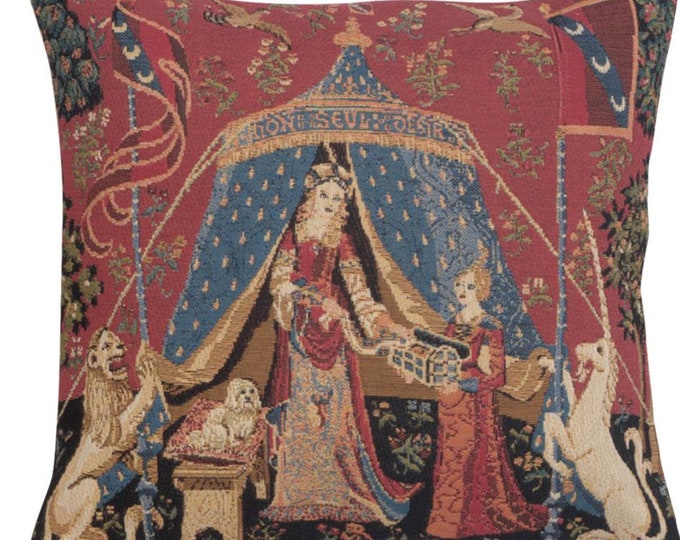 Medieval Lady Unicorn Tapestry Cushion Cover: European Art Decorative Pillow 14x14 Belgian Millefleurs Design