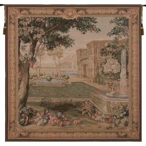 French Jacquard Woven Wall Tapestry: Verdure Fontaine Carree Floral Landscape