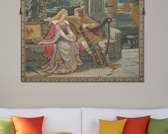 Tristan and Isolde Medieval Tapestry: Romantic Woven Wall Hanging for Bedroom Decor (27x35 inch)