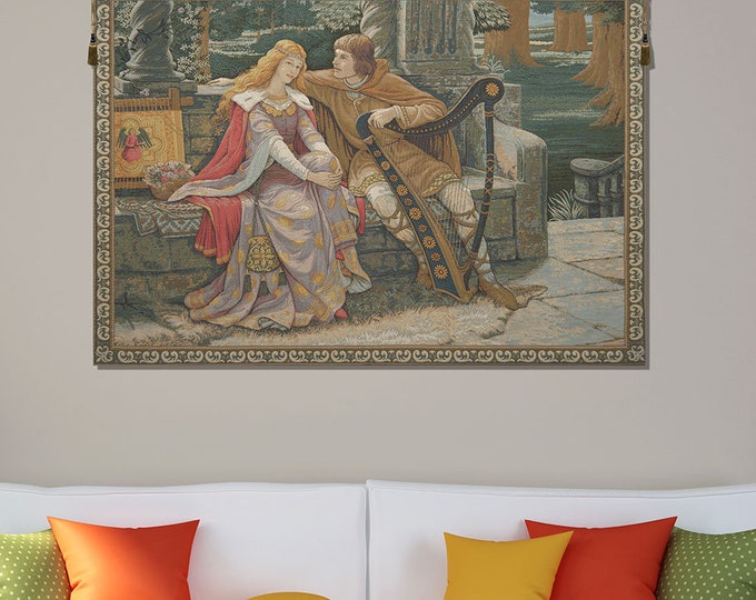 Tristan and Isolde Medieval Tapestry: Romantic Woven Wall Hanging for Bedroom Decor (27x35 inch)