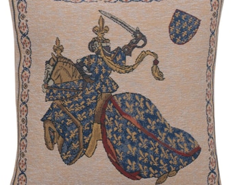 Woven Medieval Knights Tapestry Pillow Cover - Belgian Jousting Art (16x16 Inch)