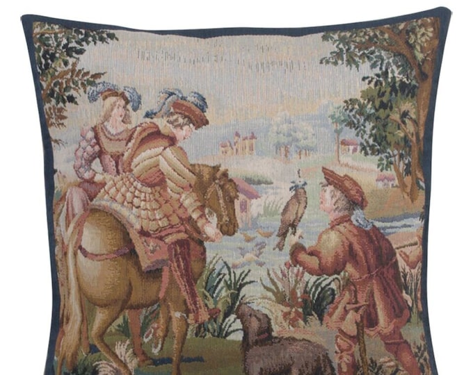 Falcon Tapestry Cushion Cover: Belgian Woven Jacquard Pillow (17x17 inch)