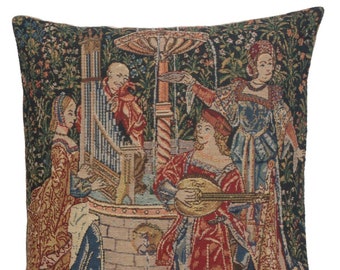 The Concert Woven Tapestry Pillow Cover 16x16 Inch - Medieval Floral Sofa Cushion Cover – Gobelin Housewarming Gift for Women