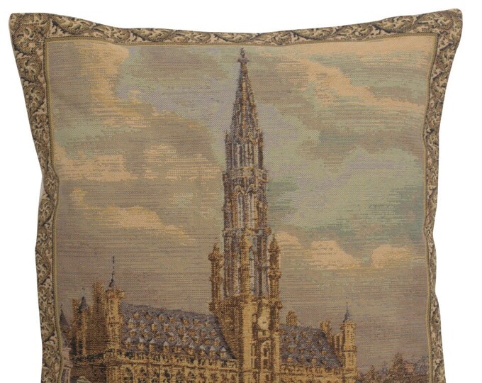 Brussels Townhall Tapestry Cushion Cover: Belgian Jacquard Pillow (20x19 inch)