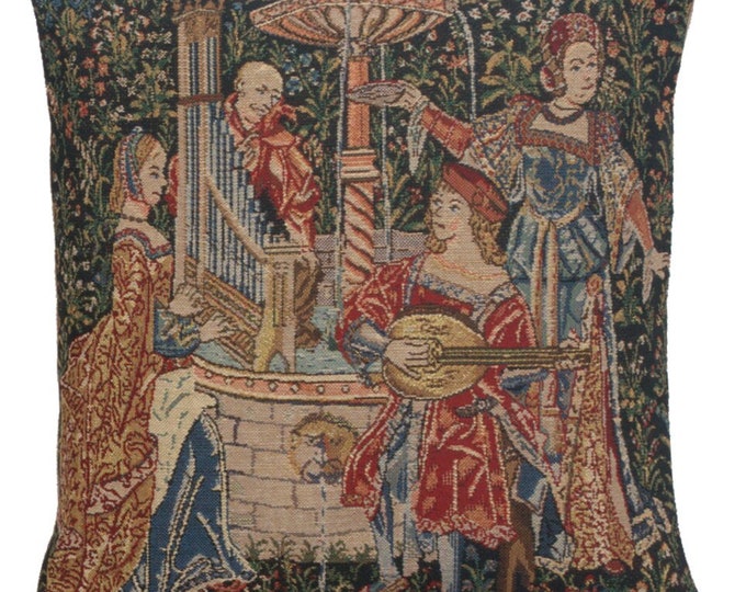 Medieval Floral Concert Tapestry Pillow Cover 16x16 - Woven Gobelin Cushion for Sofa Decor