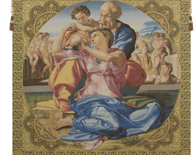 Michelangelo's Sacred Family Tapestry: Italian Jacquard Tondo Doni Wall Art, 53-inch European Woven Decor