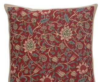 Fleur de Morris rood tapijt kussenhoes | William Morris kunstkussenhoes | 16x16 geweven bankkussensloop | Geweven Gobelin-kussen