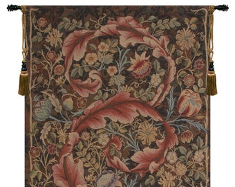 Acanthe Brown Large European Wall Tapestry - Floral and Leaves Jacquard Wall Hanging - William Morris Art - Woven Decorative Wall Tapestry