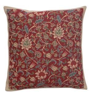 Fleur de Morris Red Tapestry Cushion Cover | William Morris Art Cushion Cover | 16x16 Woven Couch Pillow Cover | Woven Gobelin Pillow