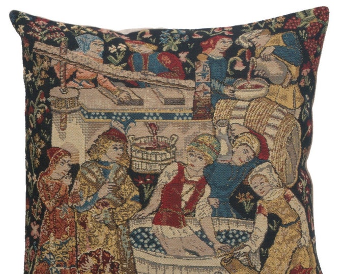 Millefleurs Tapestry Pillow Cover: Medieval Grape Harvest, 16x16 inch