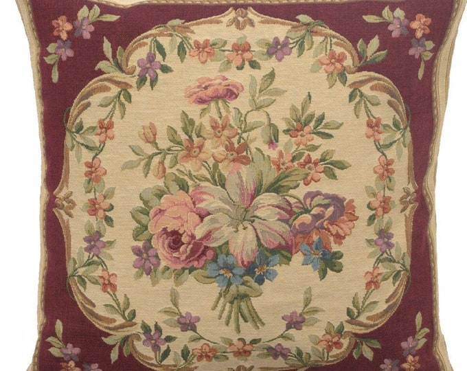 Bouquet Floral Red Tapestry Pillow Cover - Flower Bouquet Gobelin Cushion Case 18x18 - Decorative Throw Pillow Covers