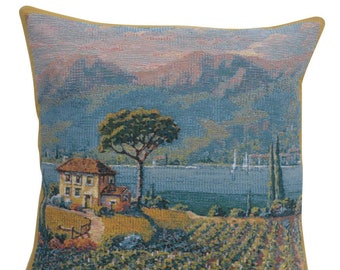 Lakeside Vineyard Left Belgian Tapestry Cushion Cover -  17x17 inch Gobelin Throw Sofa Pillow Cover - Jacquard Decorative Cushion Cover