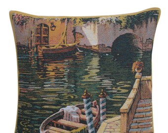 Varenna Reflections Boat II Cushion Cover | 17x17 inch Woven Sofa Cushion Cover | Gobelin Square Jacquard Pillow Cover | Tapestry Cover Case