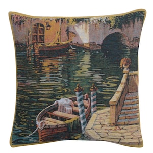 Varenna Reflections Boat II Cushion Cover | 17x17 inch Woven Sofa Cushion Cover | Gobelin Square Jacquard Pillow Cover | Tapestry Cover Case