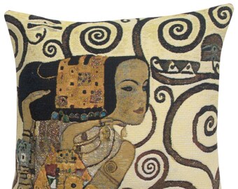 Lebensbaum Expectations Belgian Tapestry Cushion Cover - 17x17 inch Throw Sofa Cushion Cover - Gustav Klimt Art Woven Pillow Cover