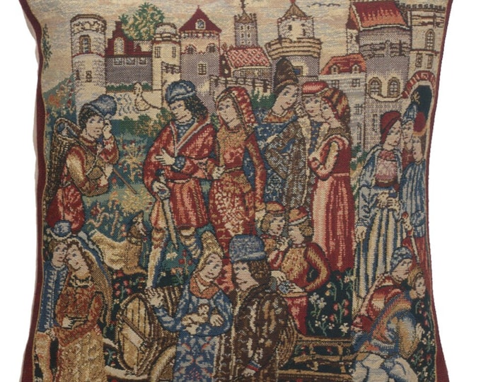 Belgian Tapestry Pillow Cover: Vintage Wine Merchant Design, 16x16 inch