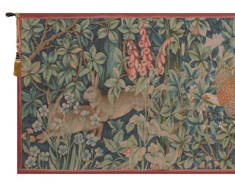 Rabbit, Pheasant, and Doe Wall Tapestry | European Forest Wall Hanging | William Morris Animals Art Wall Tapestry | Jacquard Woven Tapestry