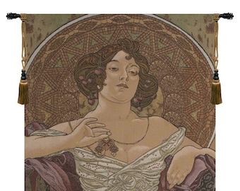 Mucha Rubis Wall Hanging | Decorative Floral Wall Art | Young Lady Decor Art | Jacquard Woven Wall Tapestry | Wall Hanging Tapestry