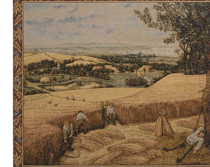 Woven European Harvest Scene Wall Tapestry - Jacquard Landscape Art Decor with Peasant Imagery