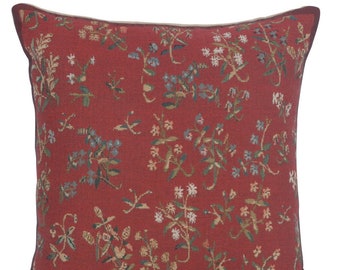 Licorne Mille Fleurs II Belgian Tapestry Cushion Cover - Red Background Floral Cushion Cover - 17x17 inch Woven Throw Sofa Pillow Cover