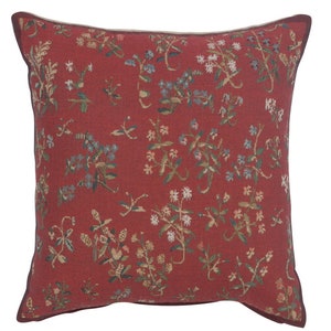 Licorne Mille Fleurs II Belgian Tapestry Cushion Cover - Red Background Floral Cushion Cover - 17x17 inch Woven Throw Sofa Pillow Cover