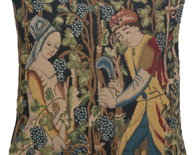 Vintage Belgian Tapestry Pillow Cover: Wine Harvest Scene for Home Decor (16x16 inch)
