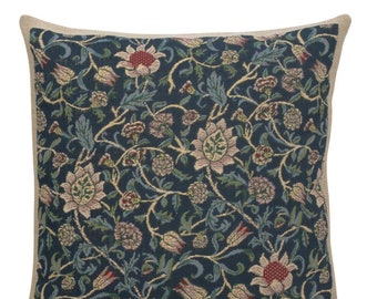 William Morris Art - Decorative Cushion Cover – Blue Fleurs - Superb Quality - Jacquard Woven Tapestry Throw Pillow Case 16x16 inch