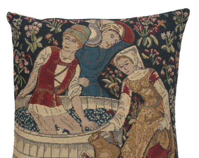 Woven Tapestry Pillow Cover: Vintage Grape Harvest Design (16x16 inch)
