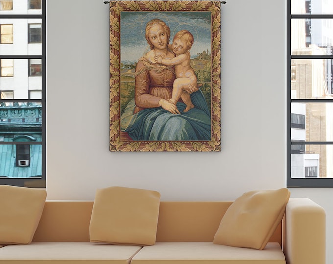 Raphael's Cowper Madonna European Tapestry - Religious Wall Art, Woven Italian Decor, Mother and Child