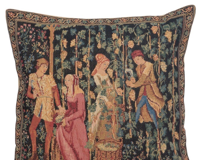Medieval Tapestry Pillow Cover: Jacquard Woven Harvest Scene (13x13)