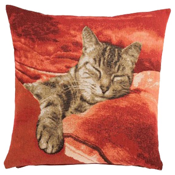 Woven Sleeping Cat Pillow Cover: French Tapestry, Red Accent (19x19 inch)
