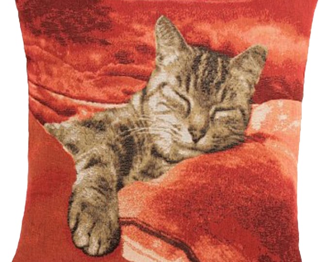 Belgian Wall Tapestry Sleeping Cat Red Cushion Cover, 19x19  inch, Woven in France, Ideal for Couch - Pillow Cover, Luxury Home Decor Accent
