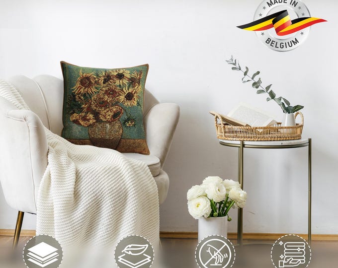 Van Gogh Sunflowers Tapestry Pillow Cover: Floral Art Throw, 16x16 inch