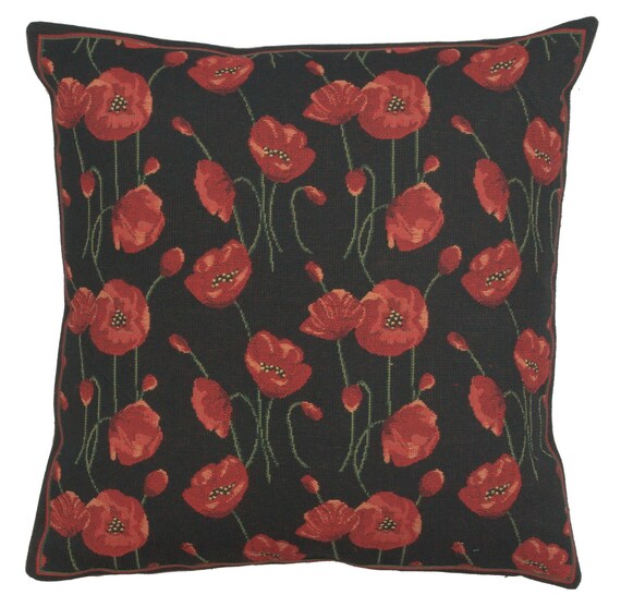 Red Poppy Tapestry Pillow Cover: Belgian Woven Floral Cushion (16x16)