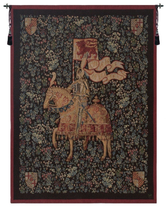 Millefleurs Knight Tapestry: French Woven Wall Hanging (73x55 inch)