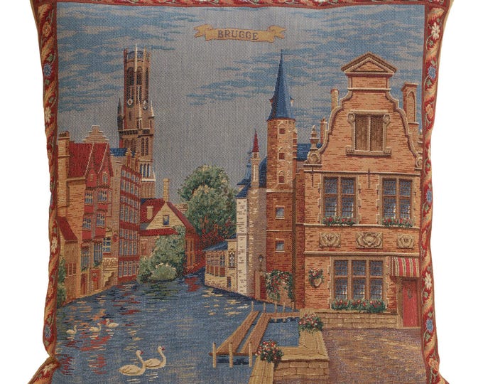 Woven Belgian Brugge Cushion Cover – Rozenhoekaai Landscape, 18x18 Inch Home Decor