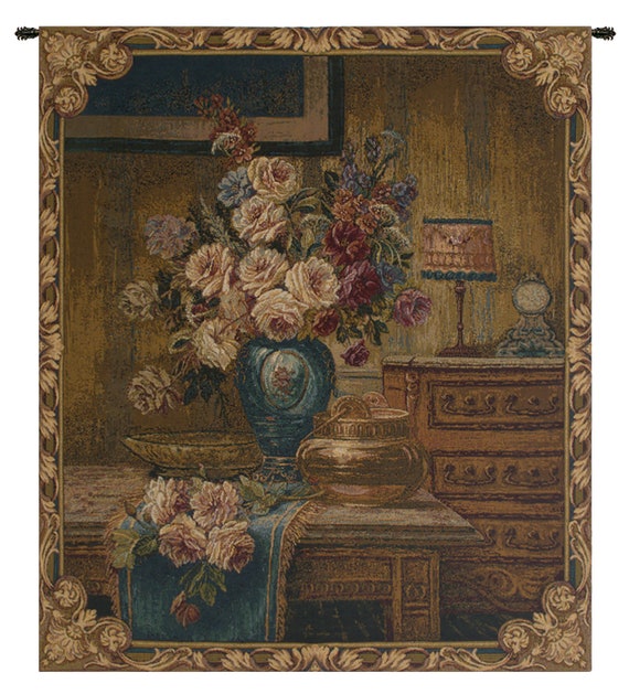 Floral Bouquet Wall Tapestry: Woven Italian Art, 19th Century Style (30x26 inch)