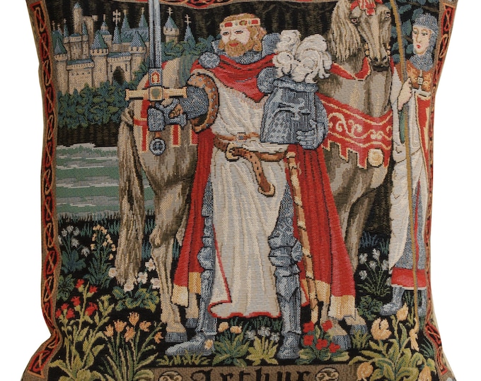 King Arthur Tapestry Pillow Cover: Woven Cotton Cushion, 18x18 inch