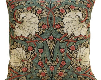 Belgian Woven Tapestry Pillow Cover: Pimpernel Green/Red Floral Cushion (18x18)