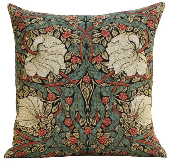 Belgian Woven Tapestry Pillow Cover: Pimpernel Green/Red Floral Cushion (18x18)