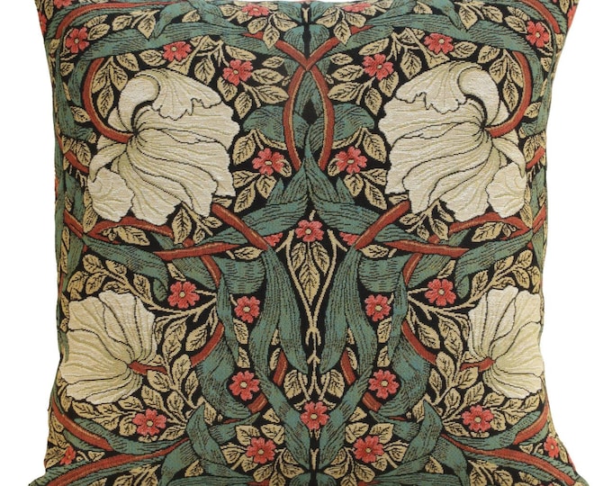 Belgian Woven Tapestry Pillow Cover: Pimpernel Green/Red Floral Cushion (18x18)