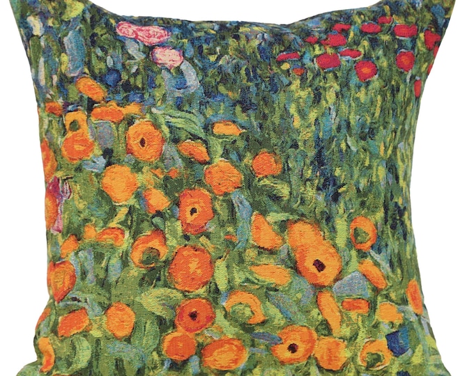 Klimt's Flower Garden IV Tapestry Cushion Cover - 18x18 inch Belgian Jacquard Woven Art Pillow